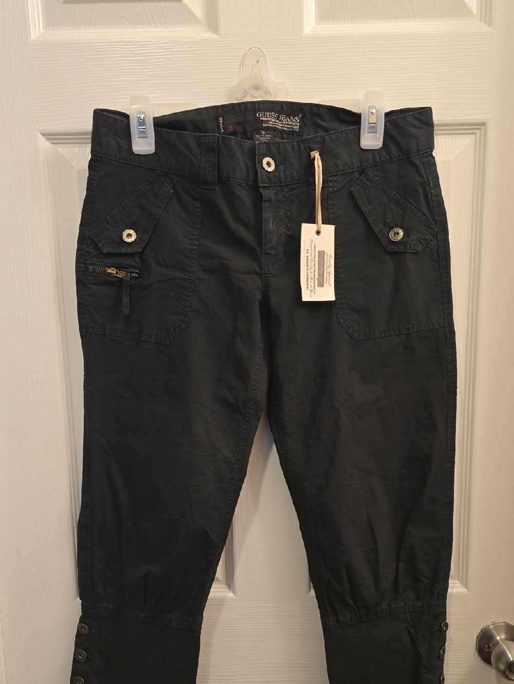 Guess Jeans Black Denim Cargo Capri Pants with Button Accent